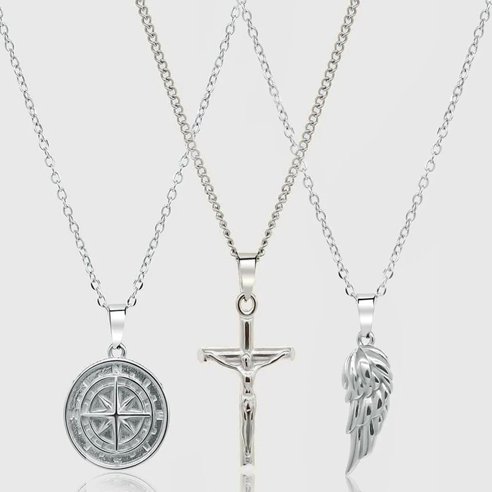 Silver Pendant Set - Compass, Angel Wing and Crucifix - linkedlondon