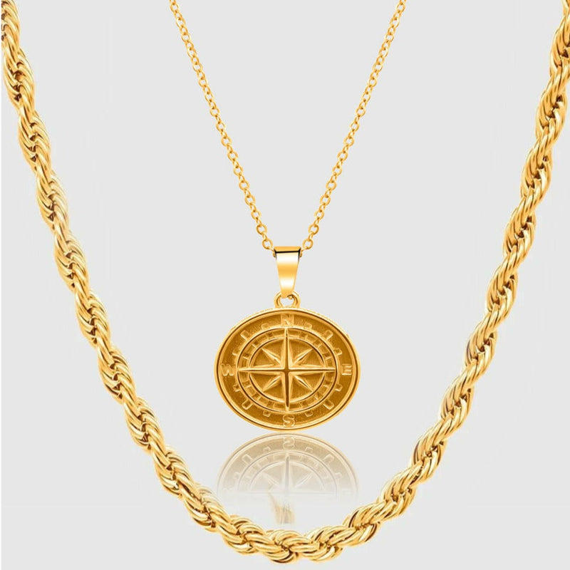 Gold Set - Compass and 5mm Rope Chain Necklace - linkedlondon
